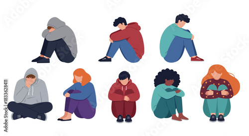 Diverse young people experiencing stress and depression are depicted sitting alone, showcasing various emotional struggles in a modern vector illustration style.