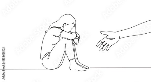 A minimalist continuous line drawing illustrates a person feeling overwhelmed and isolated, with a compassionate hand reaching out to offer comfort and support.