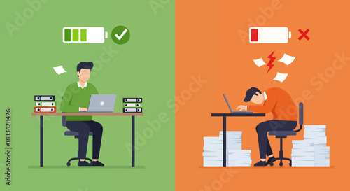 This vector illustration visually contrasts a productive, energized worker with an overwhelmed individual suffering from work-related stress.