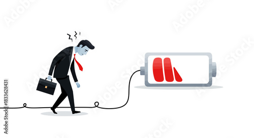 A dejected businessman, depicted in a vector illustration, struggles with feelings of stress and depression, symbolized by a low battery, representing burnout and exhaustion in a modern workplace