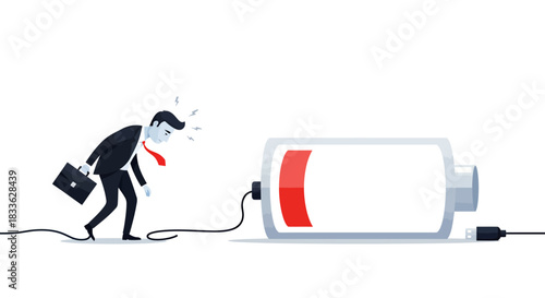 An exhausted businessman with low battery, symbolizing burnout, stress, and depression in the modern workplace, presented as a clean vector illustration.