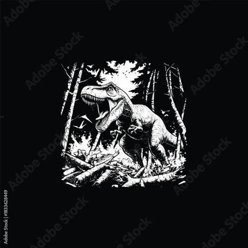 Furious Tyrannosaurus Rex roaring aggressively in a dense forest, surrounded by tall pine trees and rugged terrain