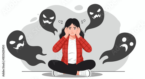 A young woman experiences intense anxiety and mental distress, surrounded by menacing ghost-like figures symbolizing her overwhelming negative thoughts and fears.