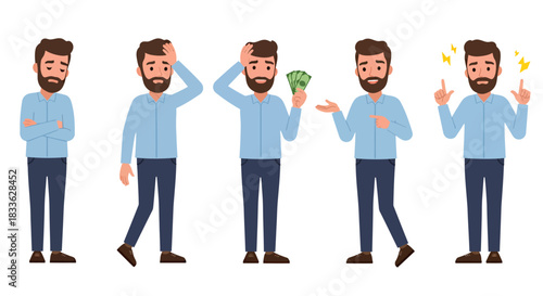 A cartoon vector illustration set depicts a bearded man experiencing a range of emotions from stress and financial worry to thoughtful problem-solving.