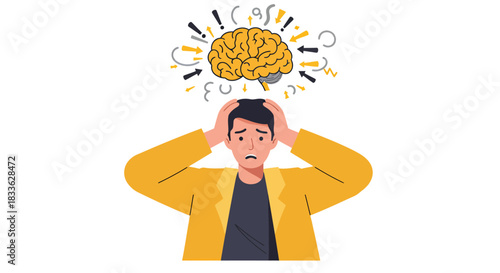 A vector illustration depicts a man experiencing stress and mental pressure, with a distressed expression and hands on his head, symbolizing the impact of depression on mental health.