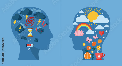 Conceptual vector illustration contrasting a mind burdened by stress and depression with one filled with positivity, hope, and mental wellbeing.