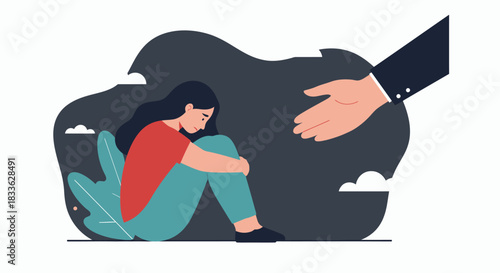 A sad, stressed woman sits isolated in a gloomy cloud, receiving a helping hand, depicted in a modern flat vector illustration style.