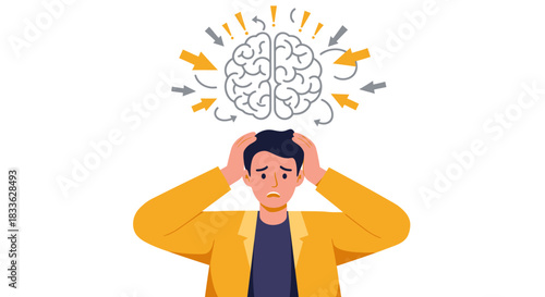 A man clutches his head, overwhelmed by a chaotic brain illustration symbolizing mental stress and anxiety, presented in a modern flat vector style.