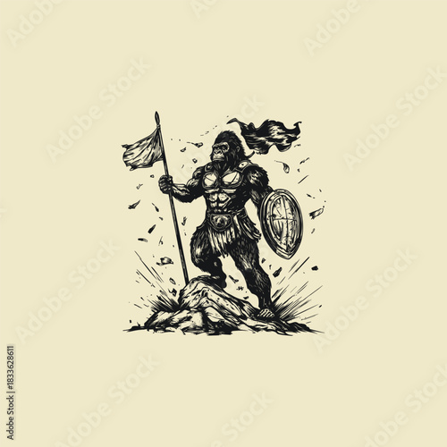 muscular gorilla or ape warrior standing victoriously on crushed rocky ground, holding a wooden shield and raising a waving banner flag in a triumphant pose