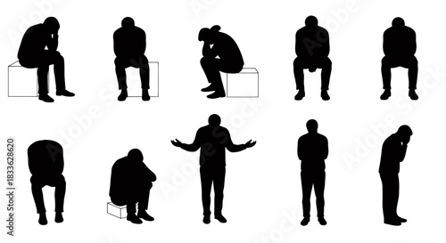 A vector illustration presents a collection of silhouette figures, each depicting various poses of a person experiencing stress and depression, perfect for design needs.