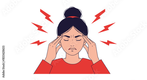 A young woman experiences intense headache and mental pressure, depicted in a minimalist vector illustration, symbolizing stress, anxiety, and emotional distress.