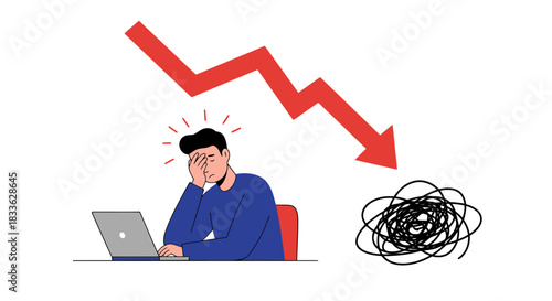 A frustrated man experiences overwhelming stress and depression while working on his laptop, symbolized by a downward trend arrow and tangled thoughts.