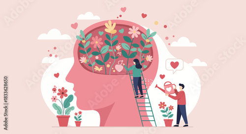 A stylized vector illustration depicts tiny people nurturing a garden of vibrant flowers within a human head, symbolizing mental health, growth, and self-care.