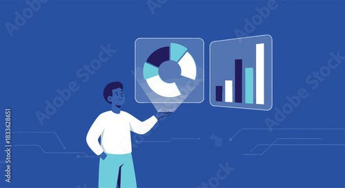 Man analyzing holographic charts in futuristic office, examining data for business strategy and financial growth, conveying innovation and progress.