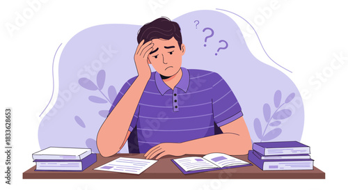 A vector illustration depicts a stressed man with a hand on his forehead, surrounded by books and papers, conveying feelings of depression and confusion in a flat design style.