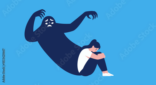 This powerful vector illustration portrays a person grappling with profound mental health challenges, with a dark, looming shadow symbolizing fear and anxiety.