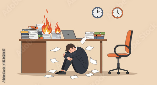 A stressed businessman sits under a desk with burning paperwork, illustrating work-related anxiety and the pressure of deadlines in a modern office setting.