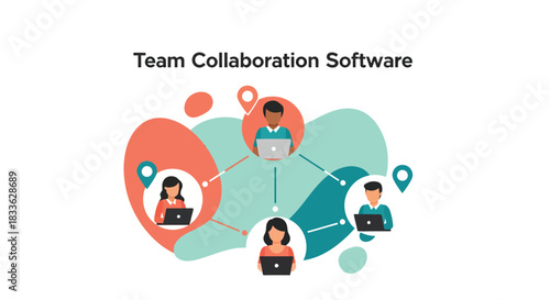 Diverse team members collaborate remotely using laptops, connected by digital network, showcasing modern teamwork and communication in a professional setting.