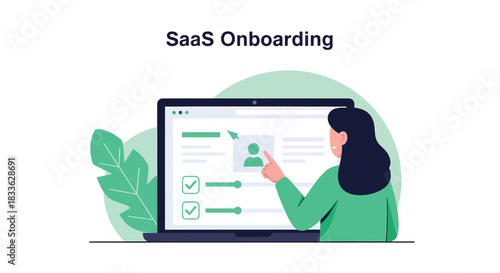 Woman interacts with SaaS onboarding interface on laptop, completing profile and tasks in a modern workspace, showcasing user experience and efficiency.