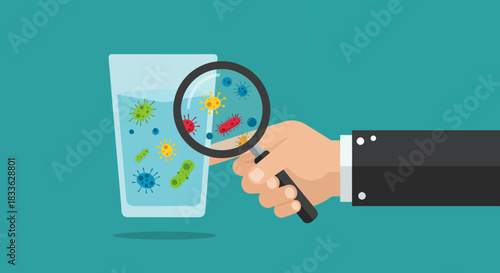 A hand holding a magnifying glass inspects a glass of water teeming with various bacteria, viruses, and microorganisms, representing waterborne diseases and contamination, in a flat design.