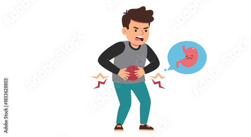 A young man clutches his painful stomach, illustrating digestive problems or symptoms of a borne disease, presented as a clean vector graphic.