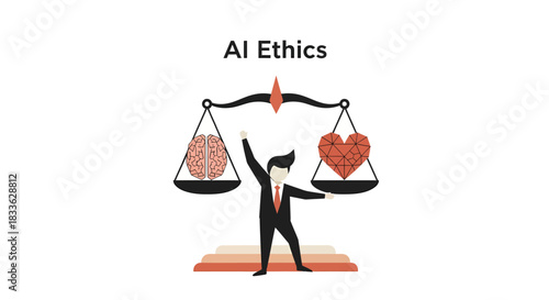 Stick figure balances brain and heart on scales, representing ethical considerations in artificial intelligence on a white background.