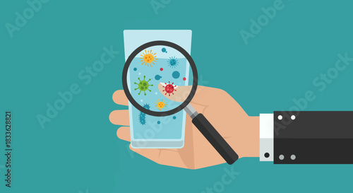 A hand holds a glass of water, with a magnifying glass revealing dangerous microbes and bacteria, symbolizing the threat of water-borne diseases.