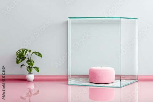 A pink ottoman sits inside a glass box in a minimalist interior with a potted plant. The floor and trim are pink, and the walls are white.