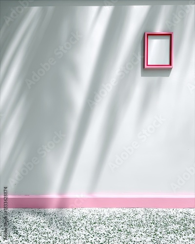 A pink picture frame hangs on a white wall with shadows cast across it. The floor is textured with a pink baseboard.