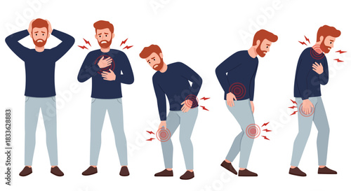 An illustrated man experiences various painful symptoms like headache, chest discomfort, stomach ache, and joint pain, representing common illness indicators.