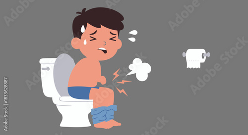 A young boy, visibly distressed, sits on a toilet, illustrating the discomfort and symptoms associated with a vector-borne illness, presented in a clean, graphic style.
