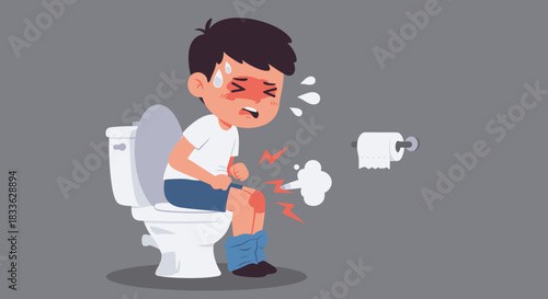 A distressed young boy suffering from a waterborne illness experiences severe stomach cramps and diarrhea in a bathroom, highlighting public health concerns.