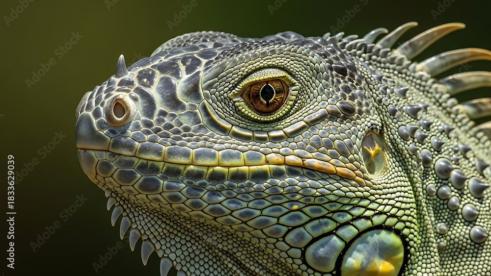 Fototapeta premium Close-up of a Green Iguana with Detailed Scales and Spikes