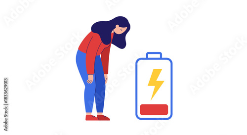 A modern flat illustration depicts an exhausted woman experiencing burnout, standing next to a low battery icon on a clean white background.