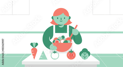 Woman in apron mixes salad in kitchen with fresh vegetables on counter, promoting healthy eating and a balanced lifestyle.