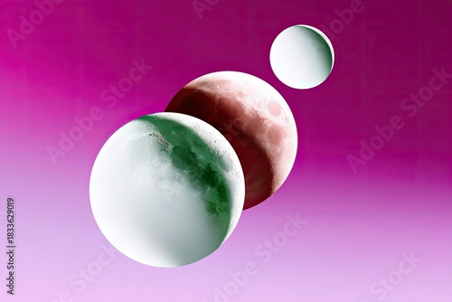Three planets of different colors against a pink gradient background. The planets are arranged in a diagonal line, creating a sense of depth and movement.