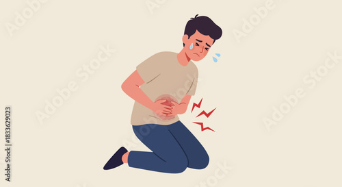 A distressed male figure kneels, clutching his stomach, illustrating the physical discomfort and pain associated with an illness, disease, or internal ailment, rendered in a clean, vector-style PNG