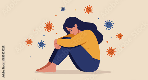 A woman is sitting hugging her knees, feeling depressed and anxious because of the airborne diseases, vector, and viruses surrounding her in a flat design.