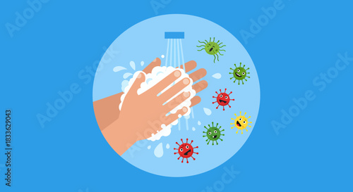 A vector illustration depicts a person washing their hands with soap, surrounded by various virus particles, emphasizing hygiene and health in a clean, blue environment.