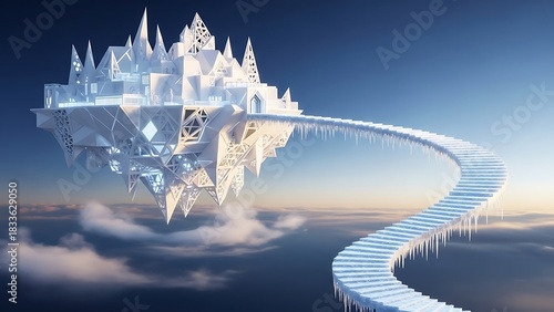 Floating ice palace and winding staircase in a surreal sky above clouds with a magical frozen fantas