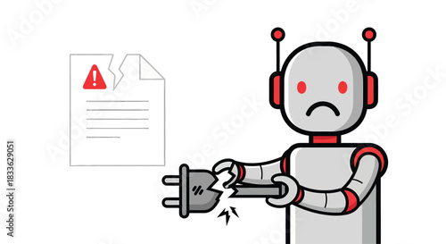 Sad robot holding broken electric plug stands next to error document, symbolizing technology failure and frustration, in a minimalist style.