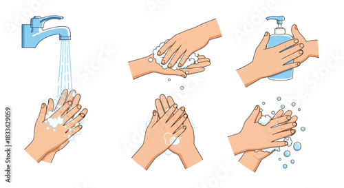 Detailed vector illustration showing the proper steps for washing hands with soap and water, emphasizing hygiene and health, presented on a clean white background.