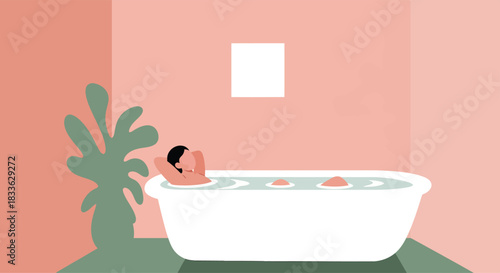 Person relaxing in a bathtub with bubbles and a plant in a minimalist bathroom, enjoying a peaceful and serene moment of selfcare.
