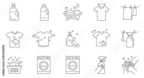 A clean and simple vector line art illustration featuring a set of household laundry, cleaning product, and essential hand washing icons for daily hygiene.