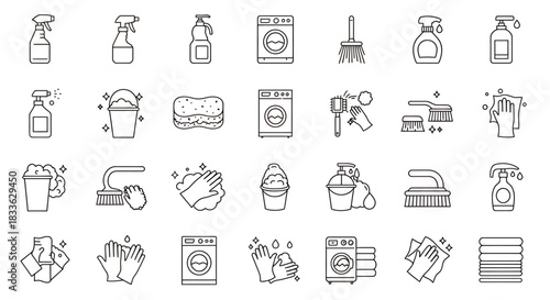 A comprehensive vector set illustrates various cleaning and hygiene icons, emphasizing handwashing and surface sanitization to promote health and wellness practices.
