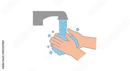 A simple vector illustration depicting hands being thoroughly washed with soap under a running faucet, emphasizing personal hygiene and disease prevention.