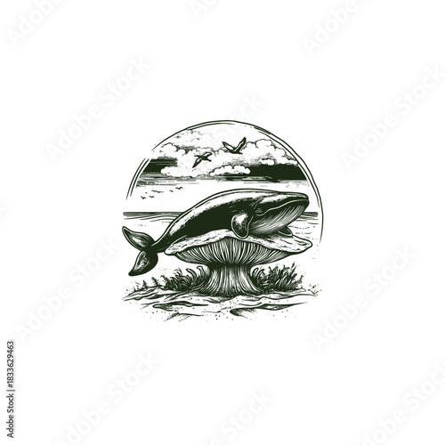 Surreal dark green engraving illustration featuring a large whale resting on top of a massive toadstool mushroom, framed by ocean waves, clouds, and flying seabirds