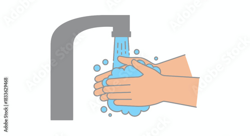 A clear vector illustration depicts a person diligently washing their hands under a running faucet with soap and water, emphasizing hygiene and cleanliness.