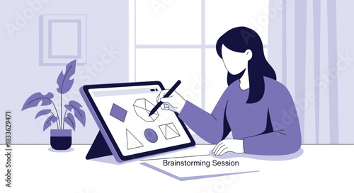 Woman drawing geometric shapes on tablet during brainstorming session at home, creating visual representations of ideas in a calm and focused atmosphere.