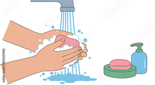 A vector illustration depicts hands washing with soap under running water, emphasizing hygiene and cleanliness with additional soap and liquid soap dispensers, perfect for health and wellness themes.